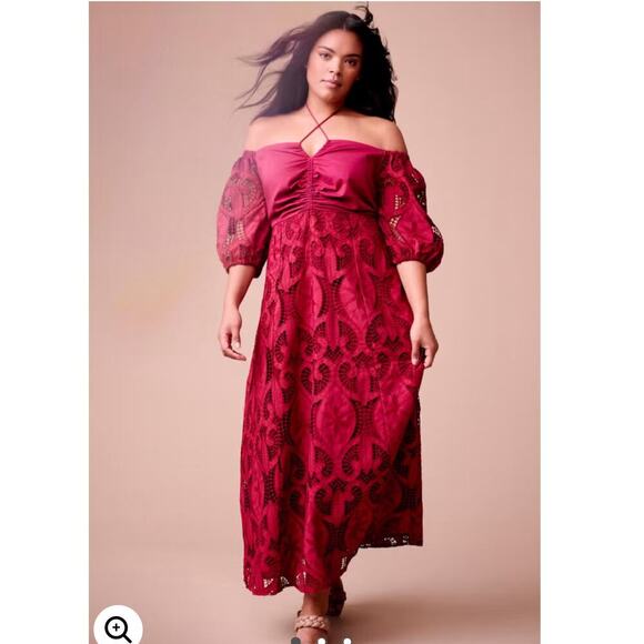 June + Vie Women's Plus Eyelet Sleeve Embroidered Peasant Dress 14/16 Rumba Red - Picture 5 of 12